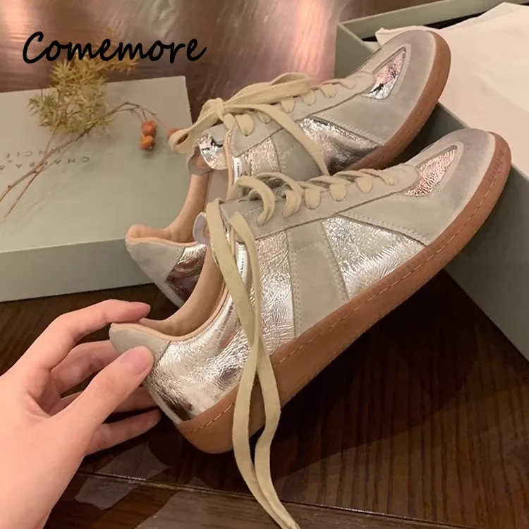 Women Casual Leather Sneakers Silver Lace-Up Athletic Flats Woman Non-slip Sports Breathable Tennis Running Shoes Baskets Femme