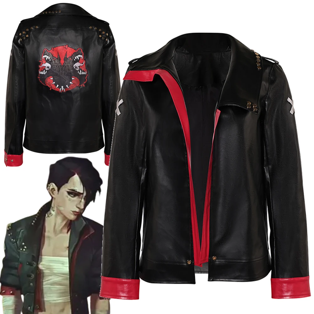 

Arcane Vi Cosplay Costume Tops Coat Black PU Leather Jacket Game LoL Hallowmas Outfits Party Uniform Carnival Role Play Suits