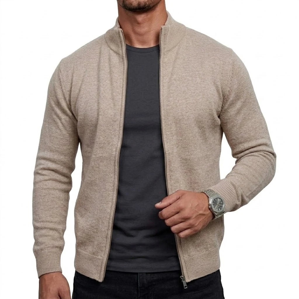 Herren-Strickjacke mit hohem Kragen und Reißverschluss, langärmelig, lässige Strickjacke, Mantel, Thermo-Strickware, Winter-Oberbekleidung mit Stehkragen – Detail 3