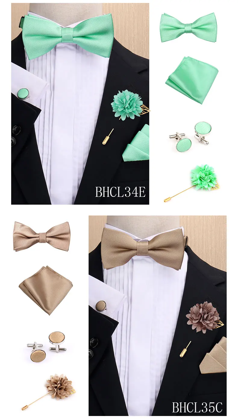 Modisches einfarbiges Fliege-Set für Herren, Fliege, Taschentuch, Manschettenknöpfe mit floraler Brosche, Anzug, Hochzeit, Business, Herren-Accessoires – Detail 6