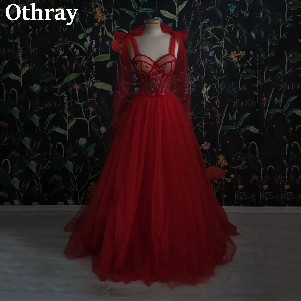 Othray Charming Red Floral Prom Dresses A Line Exposed Boning Applique Evening Gowns A Line Birthday Party Robe Vestido De Noche