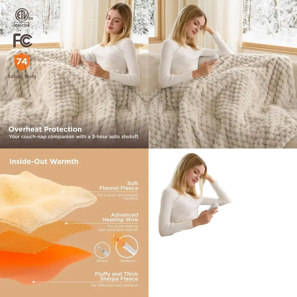 

Фланелевое электрическое одеяло из шерпа, 6 уровней нагрева, 4 таймера, 3-часовое автоматическое выключение, светло-коричневый, 50x60