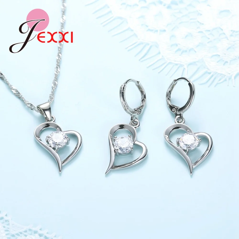 Conjuntos de joyas de plata de ley 925 para mujer, colgantes huecos de corazón de amor romántico, collares y pendientes para boda