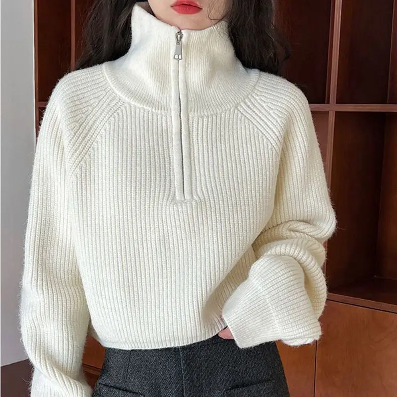 

New Half-zipper Polo Neck Bat Sleeve High Waist Sweater Women Short Fashion Maillard Color Top