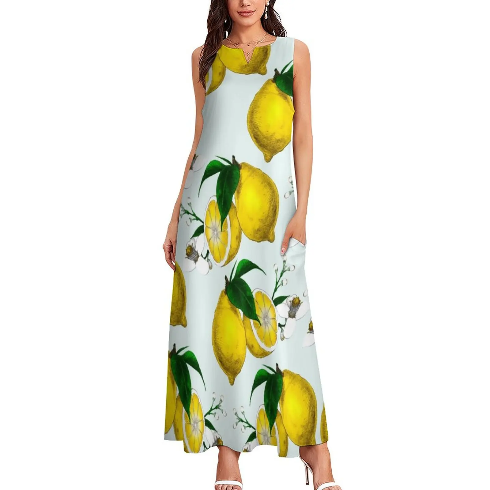 Cute Lemon Print on Blue Background Long Dress dresses for woman Clothing summer dress women 2025 Dress