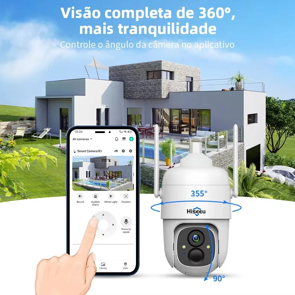 Hiseeu-PTZ AI Video Security Surveillance Camera com Painel Solar, AI Tracking CCTV, WiFi, 3MP