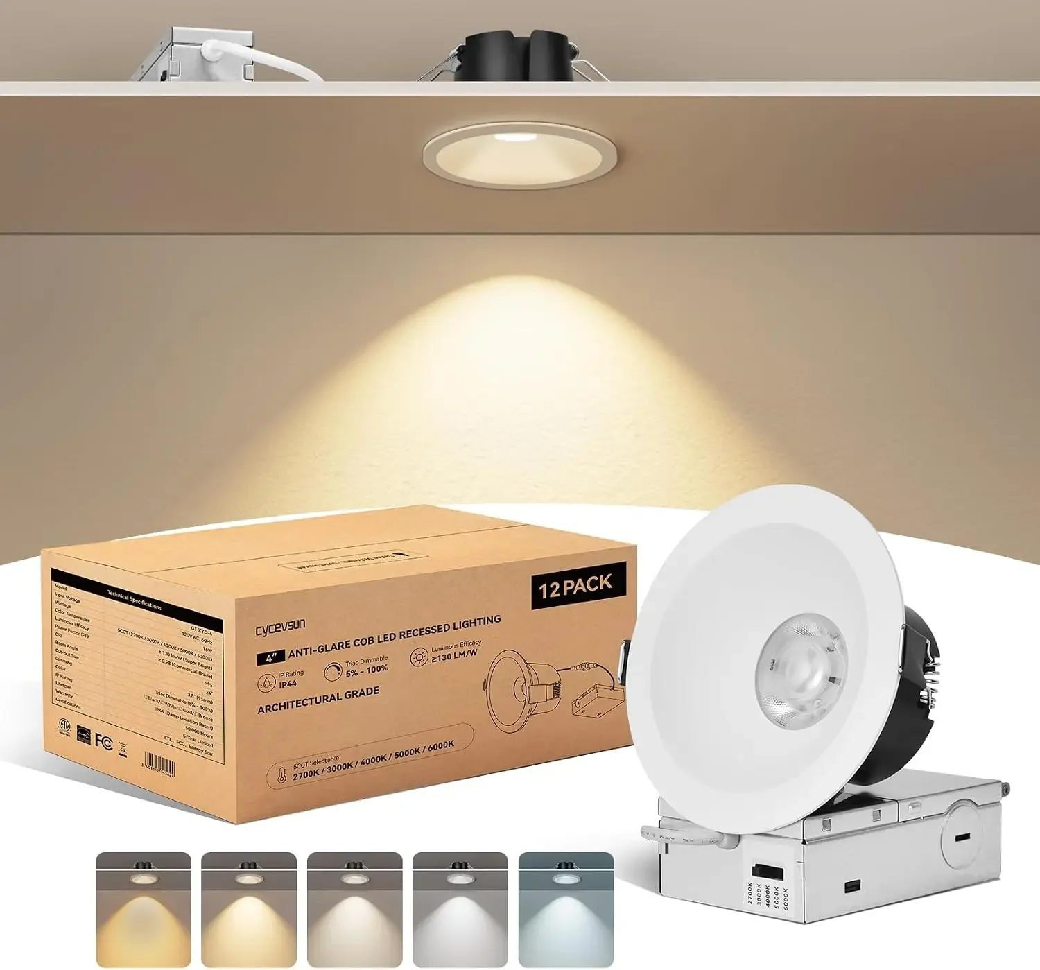 4 Inch Anti-Glare Recessed LED Downlight COB Spotlight, 12-Pack | Low Glare, 24°Canless Exterior Soffit Lighting, CRI95, 2700K-6