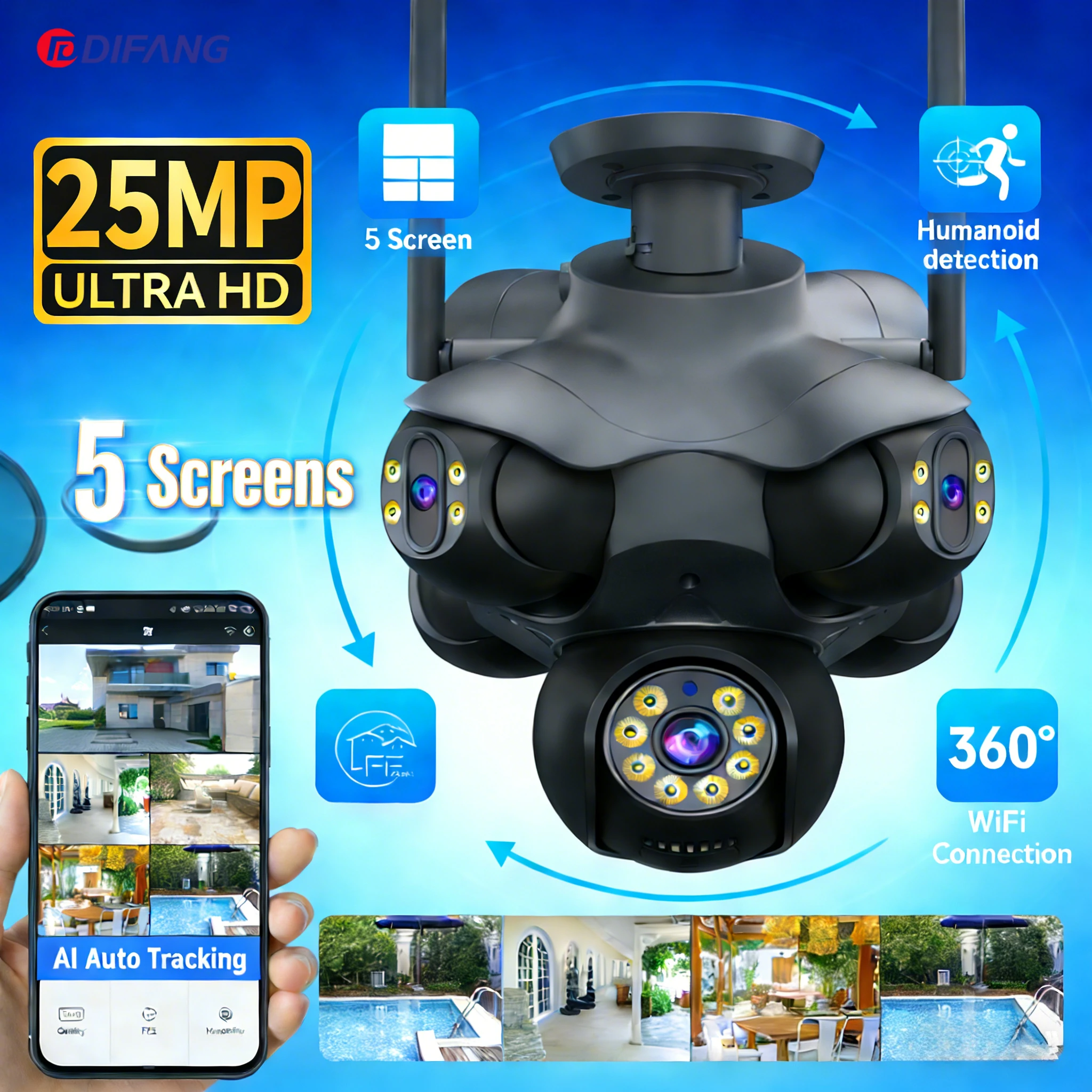 

25MP Five Screen WiFi Camera 360° PTZ Auto Tracking Security IP Camera Video Surveillance Home Security Cam Waterproof CCTV