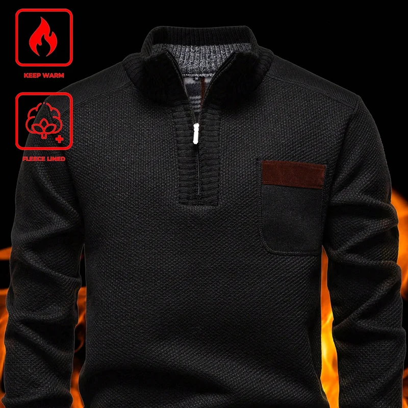 US Size Mens Polo Sweaters Quarter Zipper Turtleneck Pullover Long Sleeve High Collared Warm Fleece Pullovers