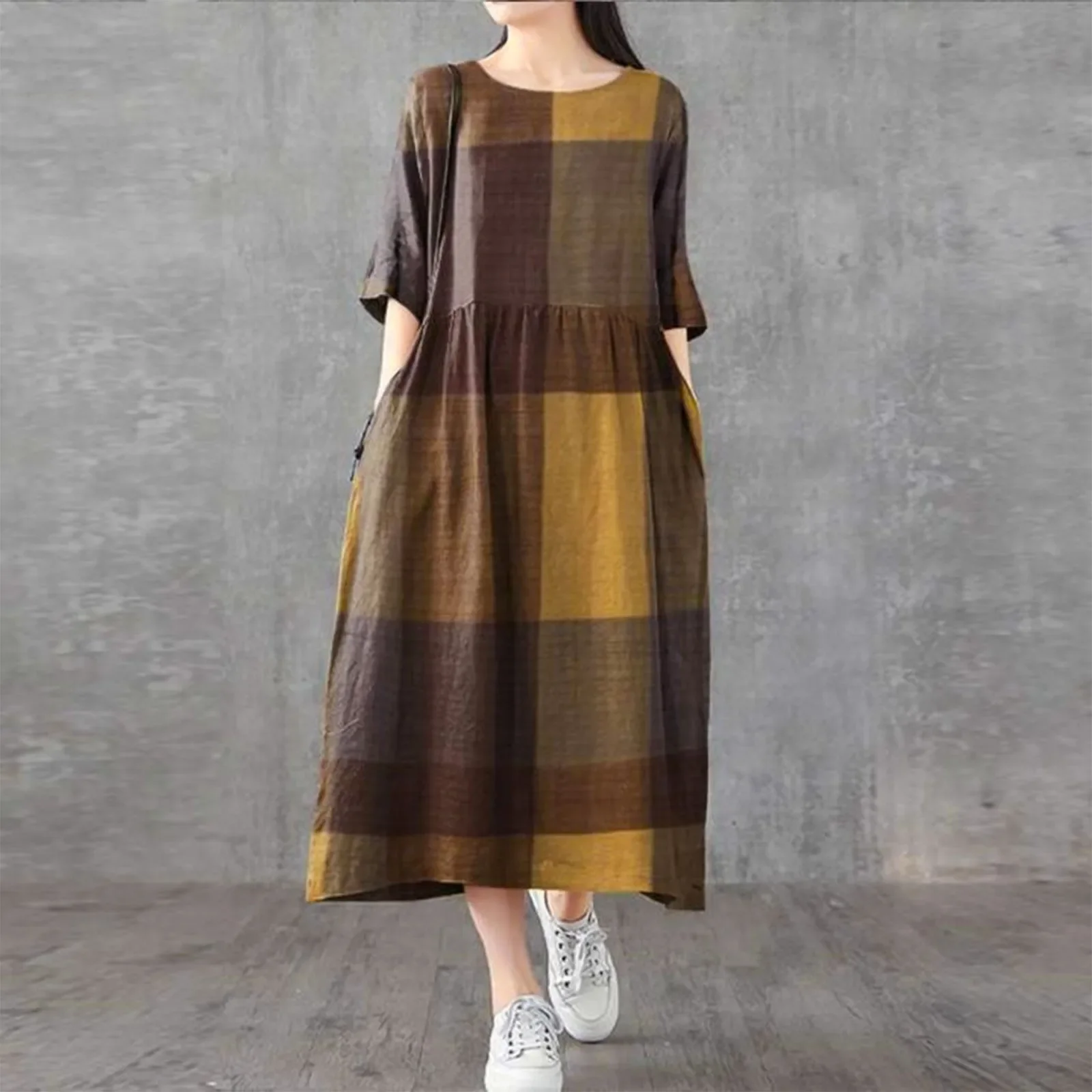 

New In Summer Dresses For Women 2023 Plus Size Loose Pullover Cotton Long Skirt Plaid Dress Female Robe Beach Ladies Clothes