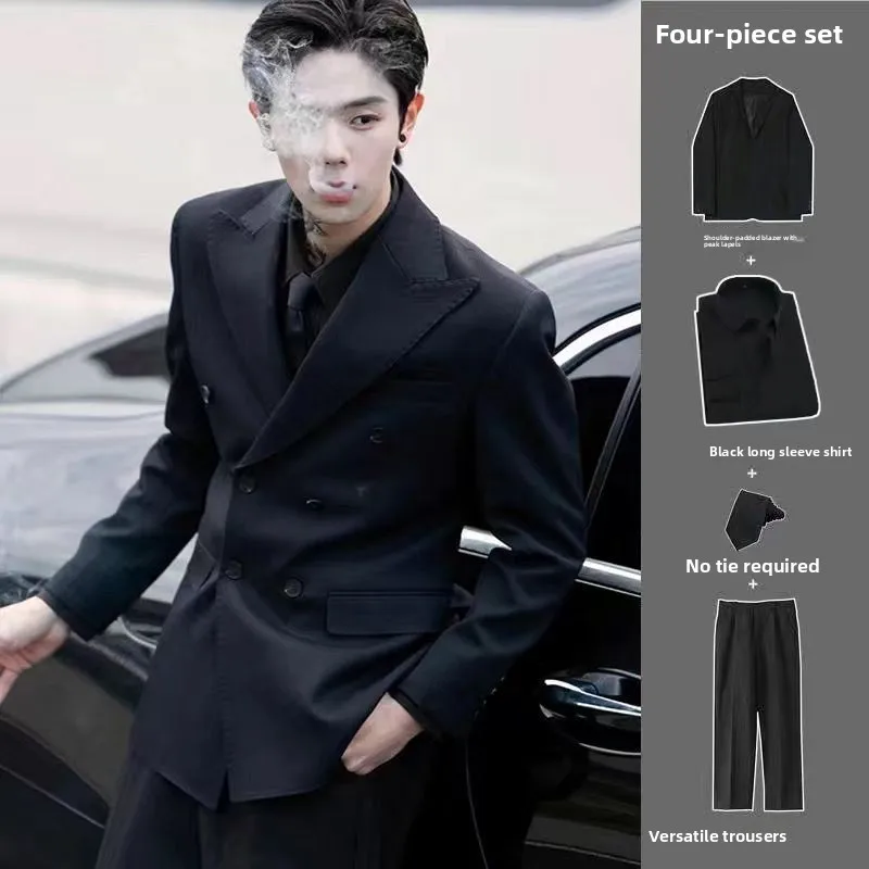 

Briti Sle Men's Suit Set Autumn Spring Double Breasted aduation Class orm Special Wide Fit Flat Collar Tee Buttons
