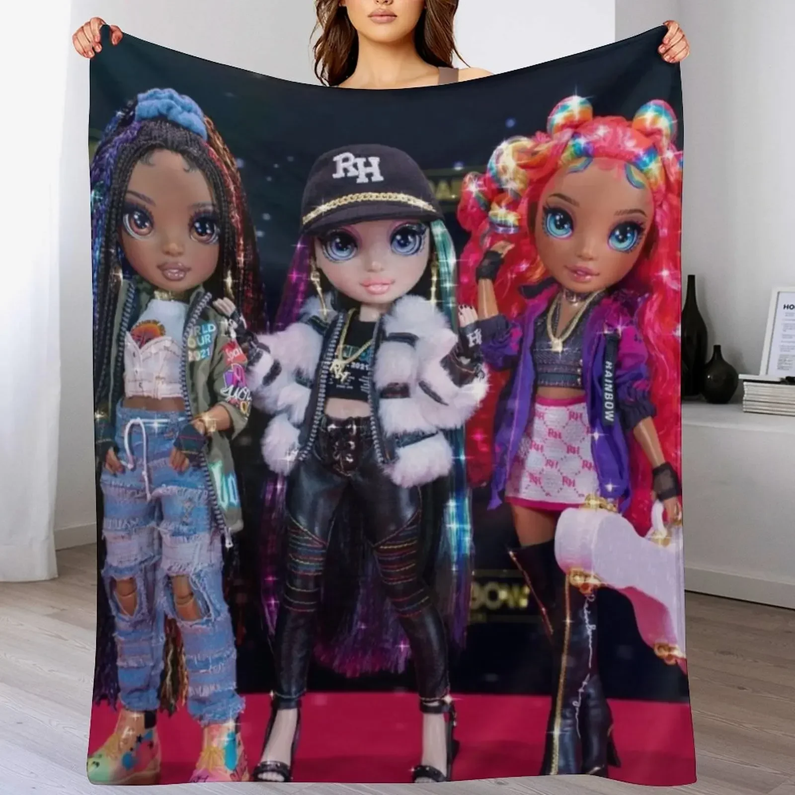 

Rainbow High Rockstars (Vanessa Tempo, Lyric Lucas and Carmen Major) Throw Blanket decorative for sofa Flannel Fabric Blankets