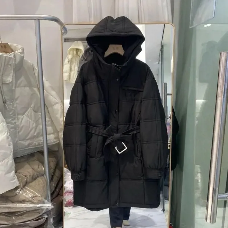 Medium Long Belt Waist Upper Chest Horizontal Pocket Zipper Winterwomen's Korean Version Hooded Thickened White Duck Down Jacket