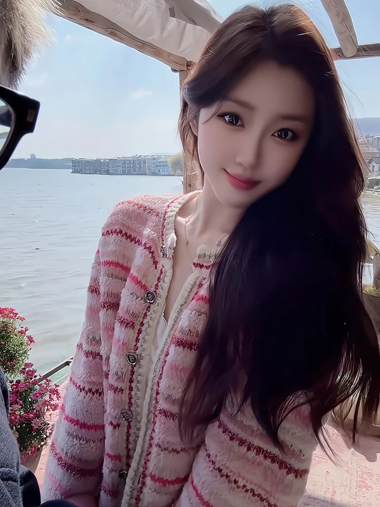 Rosa gestreifter Strickpullover für Damen, Ele Gentle Sle 2025, Herbst, schlankmachend, offene Strickjacke, weiche, lockere Passform, Alltagskleidung