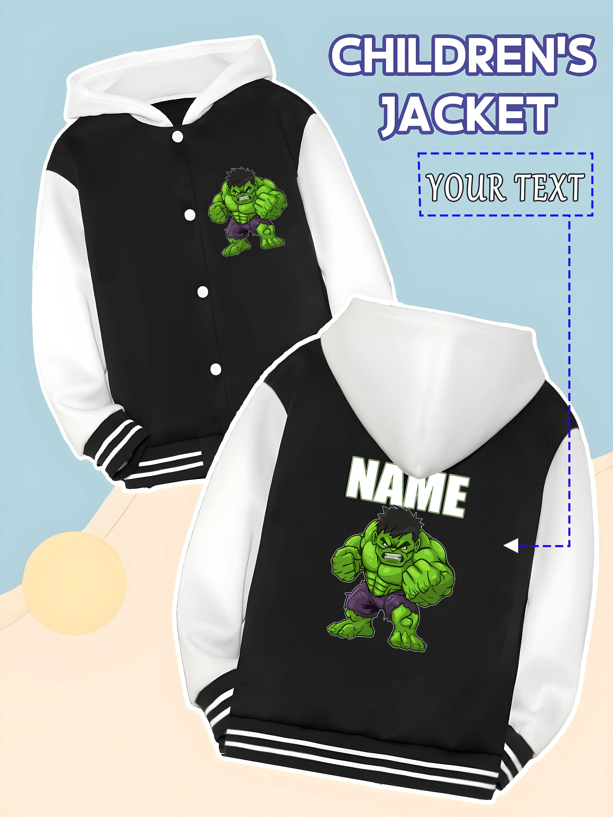 

MINISO Marvel Boys Baseball Jacket - Cute and imposing Hulk print, perfect for spring and autumn casual wear, suitable for schoo