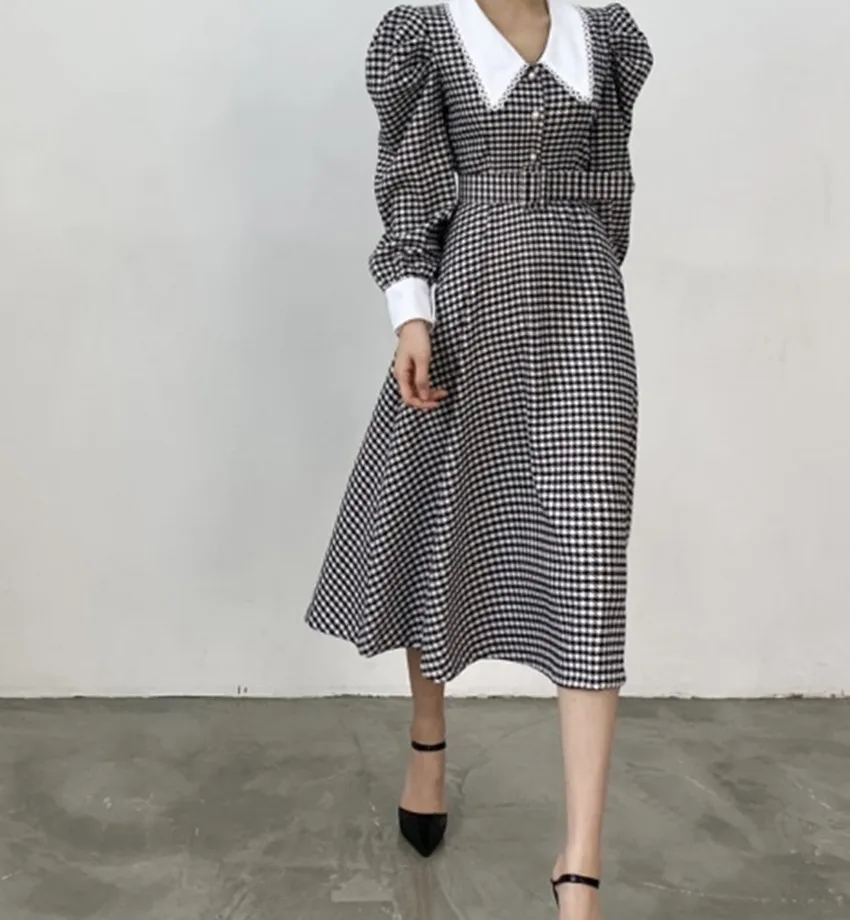 Elegant Korean Autumn Plaid Lapel Neck A Line Dress Chic Women Peter Pan Collar Puff Sleeve Pearls Button Belt Long Vestidos