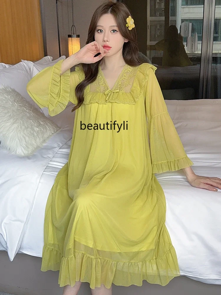 

French Royal Style Nightdress for Women Spring and Autumn Mid-Length Sexy Mesh Sweet Princess Ruffles Can Be Outerwear Homewear