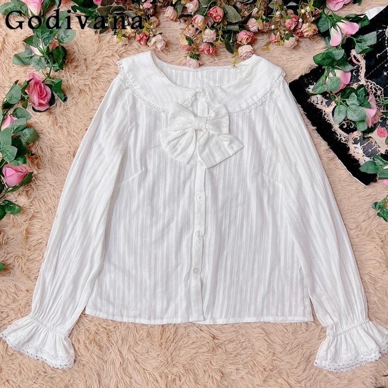 

Elegant Lolita Long Sleeve Sweet Peter Pan Collar Cute Bow Bottoming Shirt Lolita Girl Spring Summer new Age-reducing Loose Top