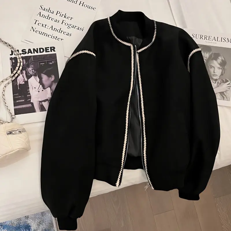 Spring and Autumn Retro Baseball Jacket Small Fragrant Style Women's Loose Fashion Versatile Color Blocking Round Neck Coat