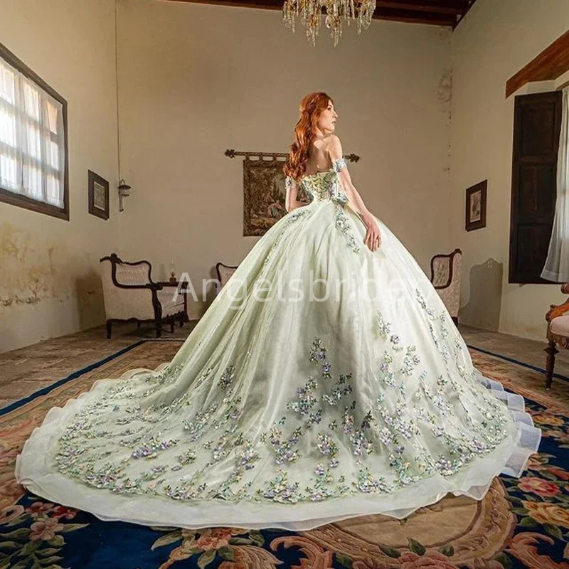 Angelsbridep Vestidos De Graduación Sage Green Princess Ball Gown Quinceanera Dress Party Dresses With Colorful Appliques