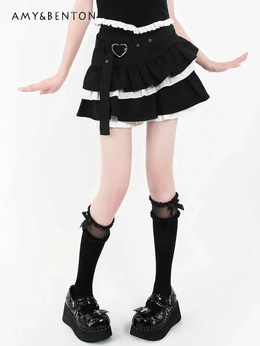 

Heavy Industry Puffy Cake Black Skirt A- Line Splicing Lace Summer New Sweet Cool Pleated Skirt Japanese Lolita Girl Short Skirt