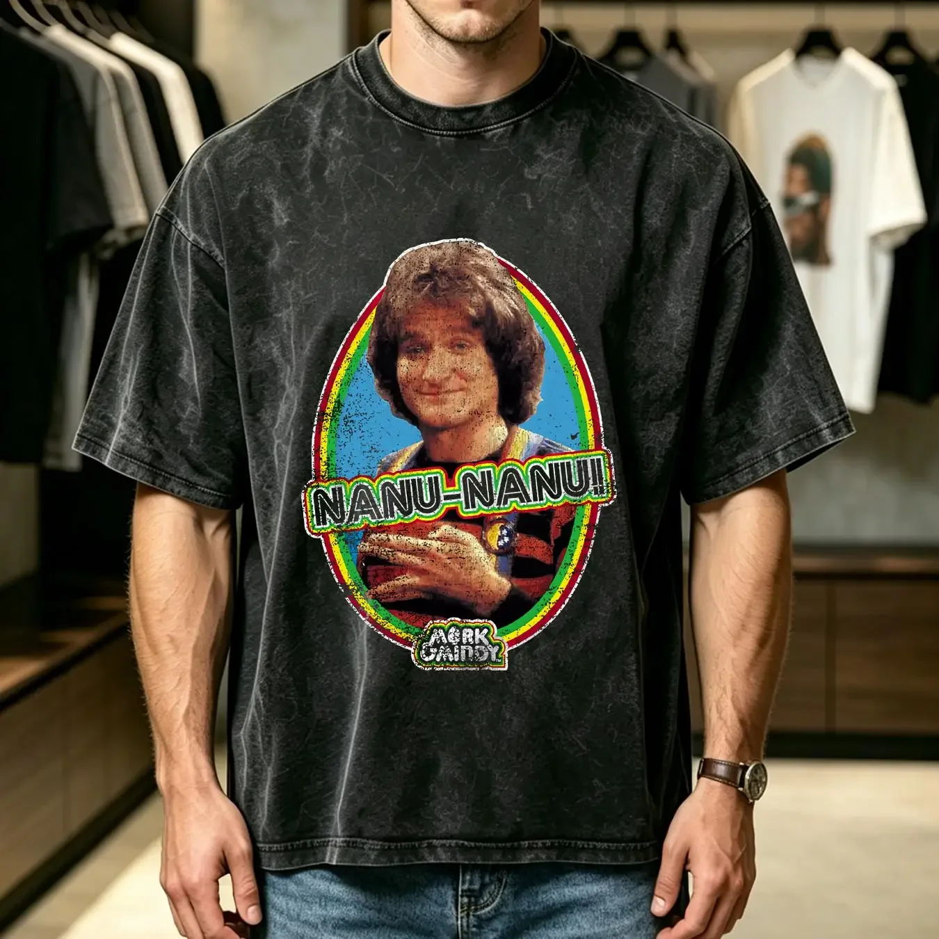 washed T Shirt Mork and Mindy Nanu Mens Licensed Classic TV Show Sport Grey vintage Washed Casual Breathable