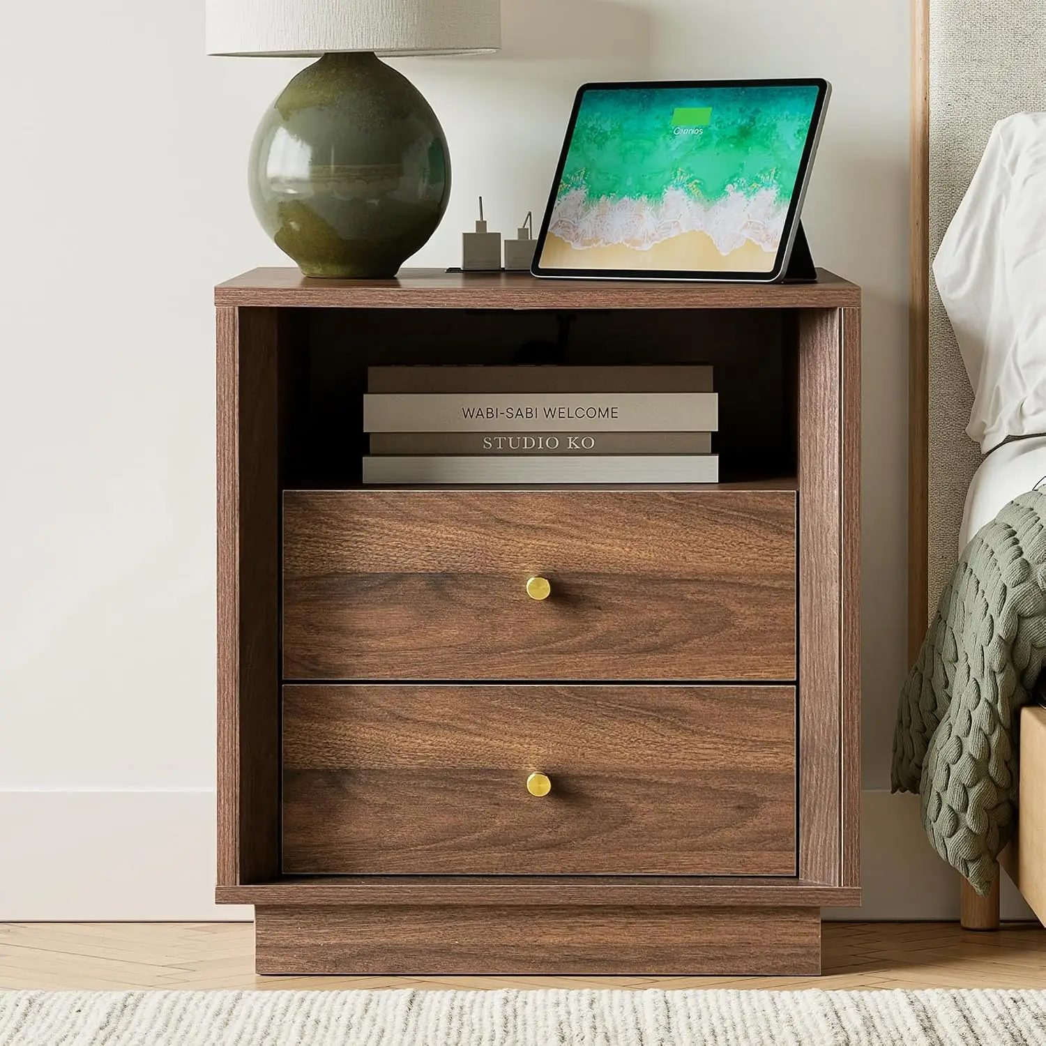 19.6" Nightstand with Charging Station, Dark Walnut, Customized