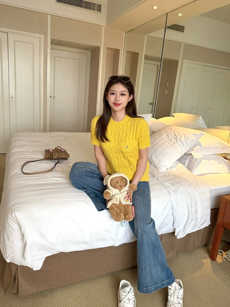 

Spring Summer New Colors Embroidered Cotton round Neck Twisted Knitted Short Sleeve Women's 26 New Style Casual Loose Fit