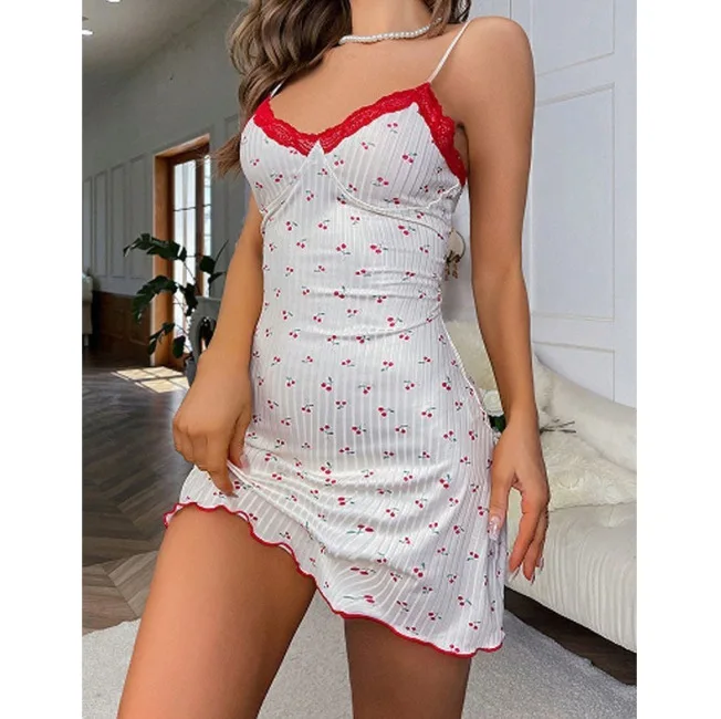 2025 New Heart Print Slim Fit Lace Trim Nightgown Women's Sleepwear Home Clothes Thin Fabric Chemise Chemise Style Nightdress