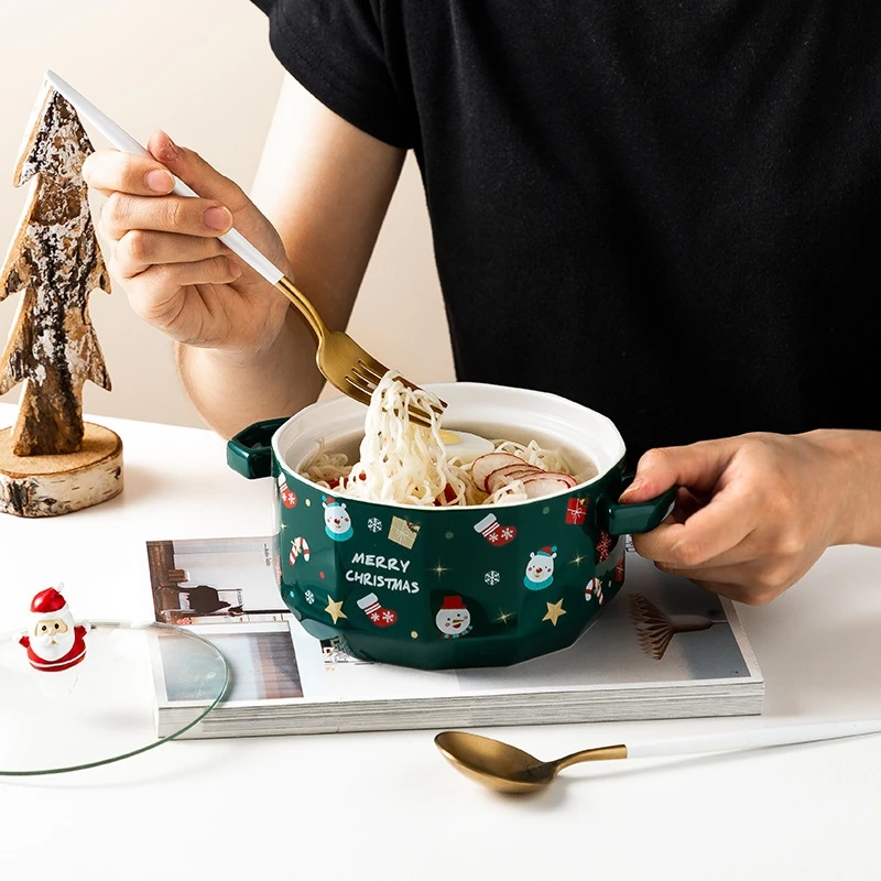 Christmas Instant Noodles Bowl With Cover Ceramic Pot Opera Creative Nordic Tableware Salad And Fresh-keeping Bowl