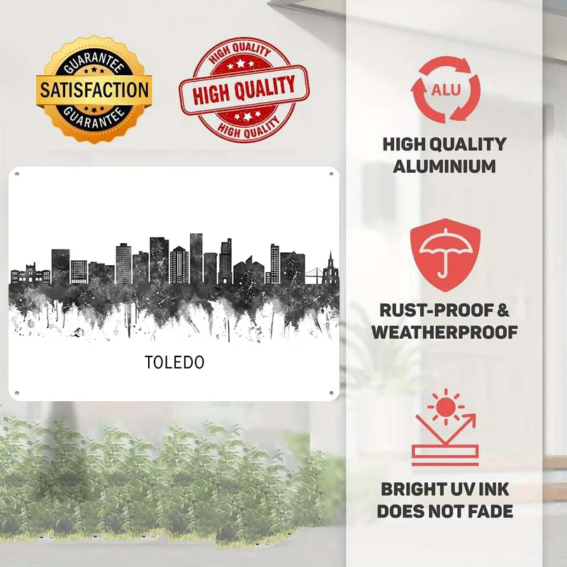 Toledo Ohio Skyline BW Personalized 3D Textured Metal Poster Wall Art Vintage Tin Signs for Bar Accessories Decor Room Wand Deko