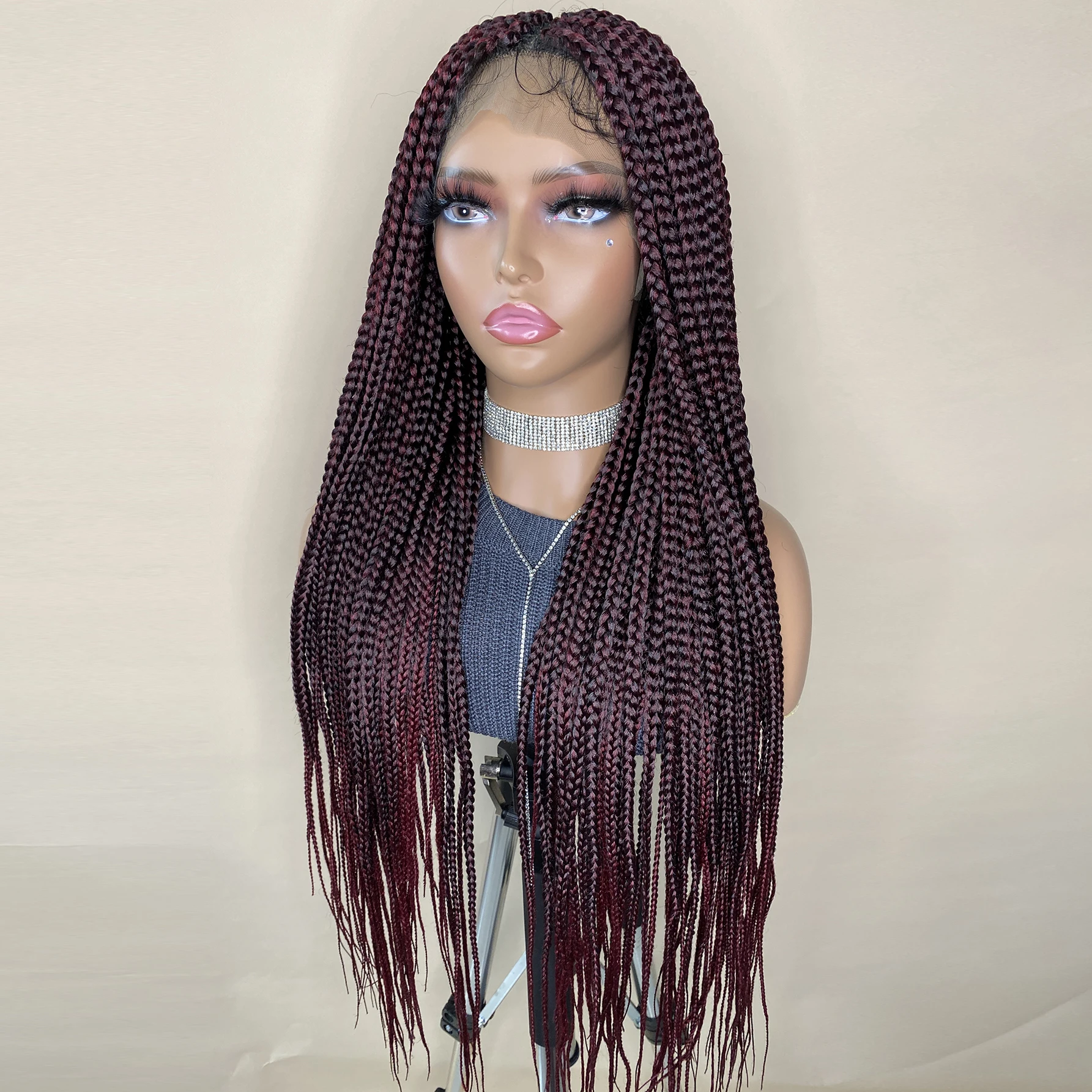 باروكة صناعية مضفرة باللون الأحمر العنابي - دانتيل أمامي كامل مع ضفائر صندوقية بدون عقدة، شعر مقاوم للحرارة للنساء #3