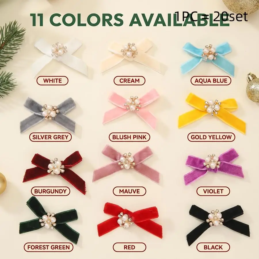 1/5/10/20/50/100pcs Multicolor Velvet Bow with Pearl and Zirconia Accents for Christmas Gift Decorations, Apparel Decorative Acc