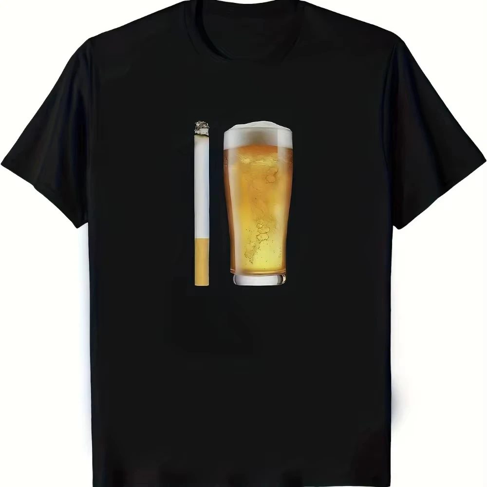 Men's Short Sleeve T‑shirt  Drink and Cigarette Realism Art Graphic Print Comfort Cotton Daily Tops Men Clothing