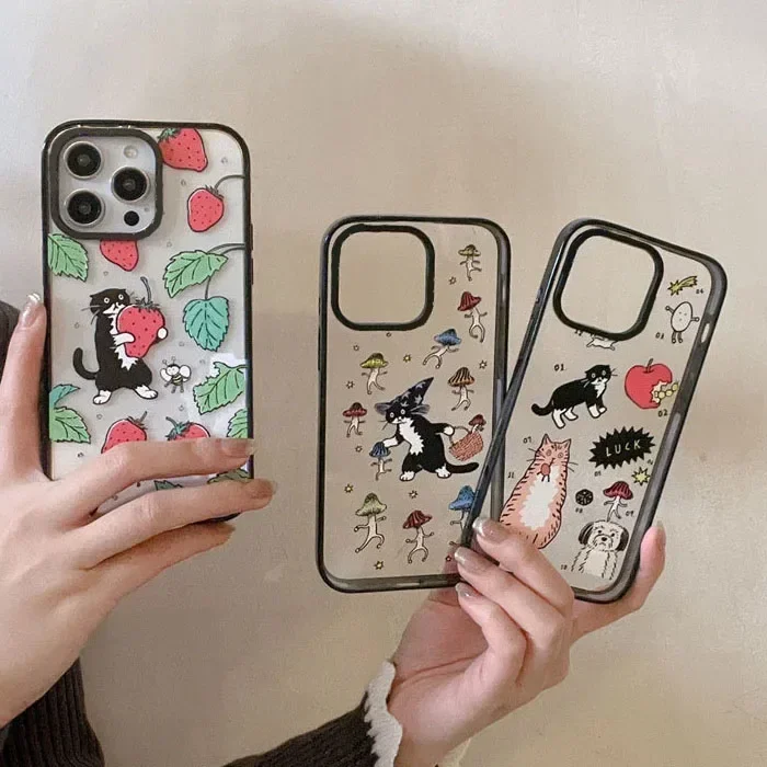 

2.0 Version Acrylic Upgrade Border Black Cat Strawberry Phone Case Cover for IPhone 11 12 13 14 15 Pro Max Case for IPhone 15