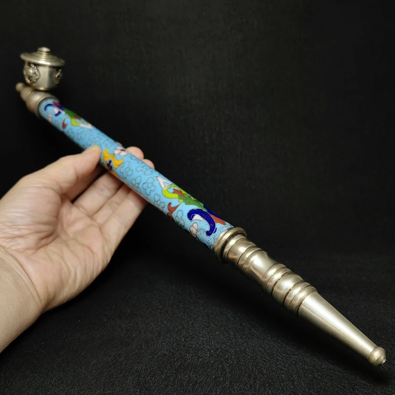 YIZHU CULTUER ART Size 42cm Chinese Tibet Silver Cloisonne Carving Inlay Flower Tobacco PipeDecoration Collection