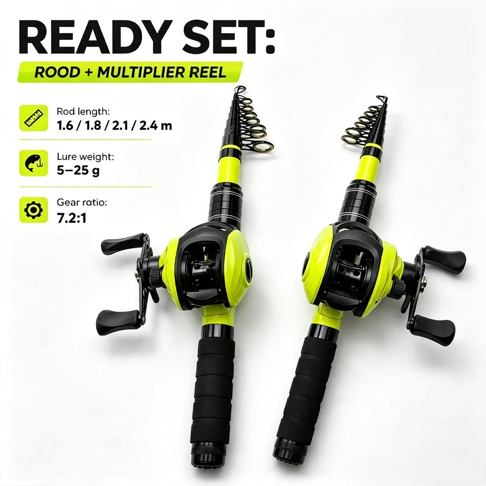 1.6-2.4m Hard Carbon Spinning Fishing Rod and Bait Casting Reel 7.2:1 High Speed Gear Combo Surf Fishing Tackle