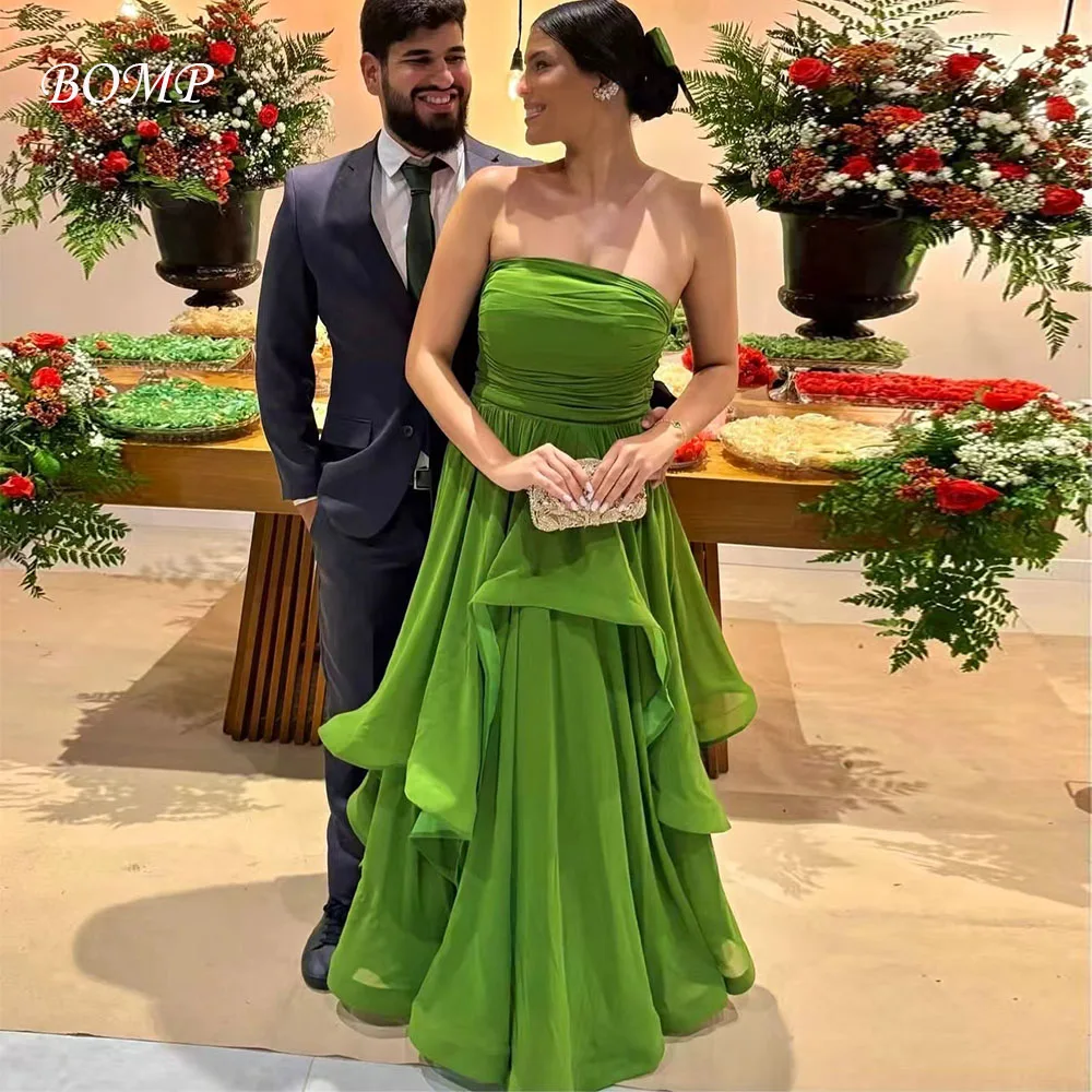 

BOMP Elegant Green Wedding Party Dress Strapless Draped Floor Length Chiffon Special Occasion Evening Gown Customized Classic