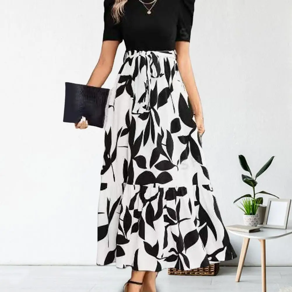 

Resort Style Color Block Dress Elegant Summer Maxi Dress with Lace-up Waist Ruffle Detail Women's A-line Colorful for Parties