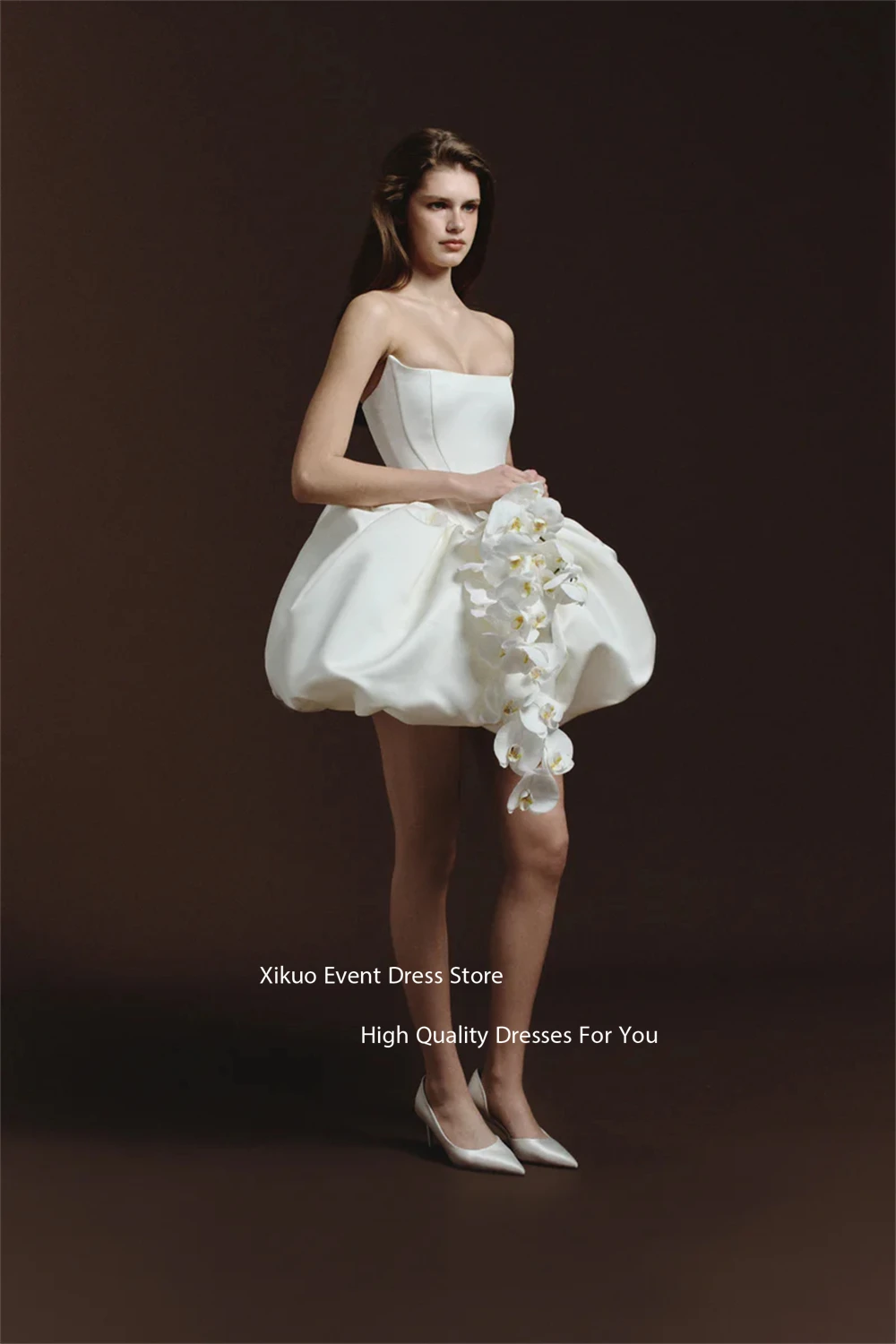 Xikuo uma linha vestido de casamento sem alças puff elegante civil moderno vestidos de noiva cetim princesa mini vestidos de baile personalizado