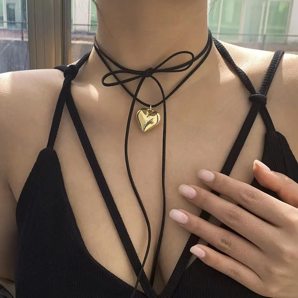 Layered Lace up Rope Chain with Heart Pendant Necklace for Women Trendy Elegant Choker Necklace 2023 Fashion Jewelry Accessories