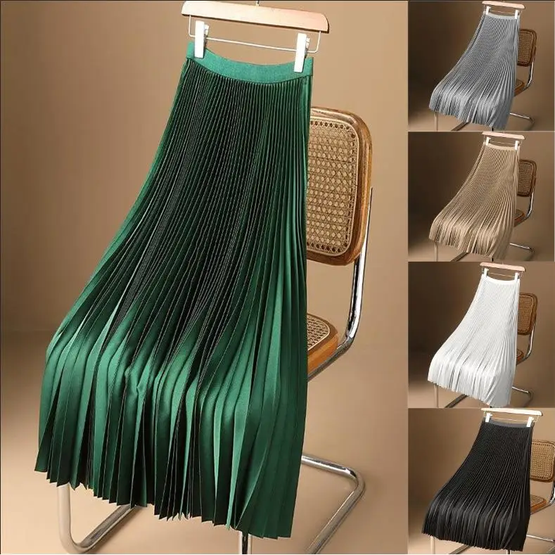 

Ele Vintage Midi Skirt Faionable Pleated Women's Autumn Winter New Arrival Korean Sle Commute Thiened A-Line Skirt