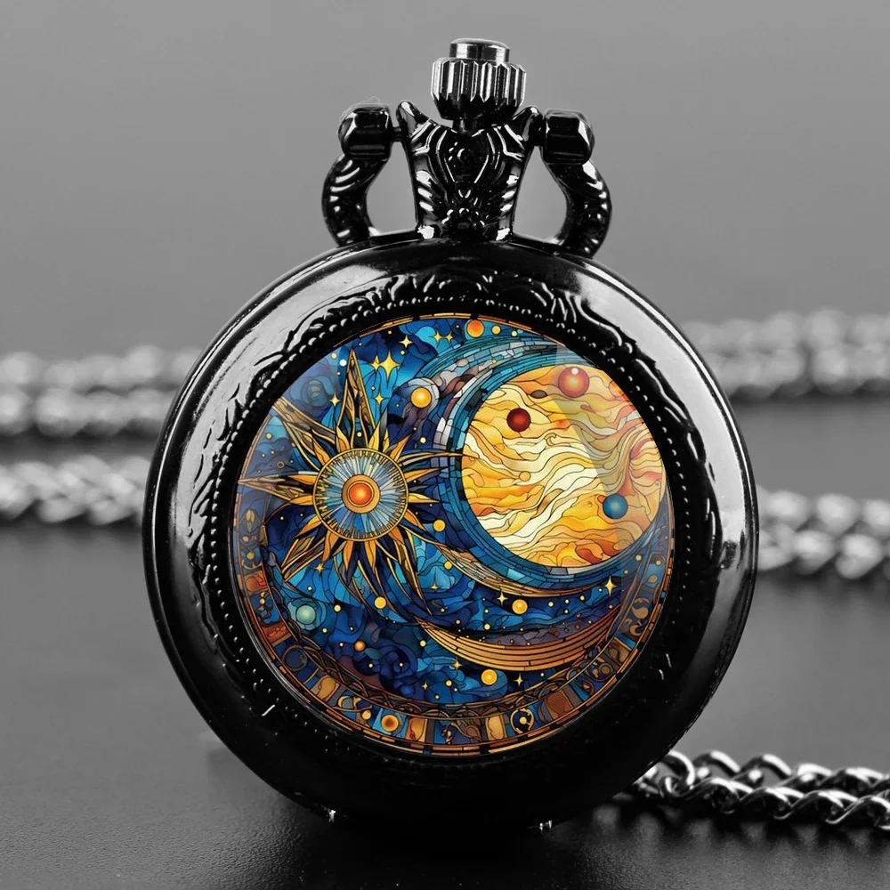 ساعة جيب كوارتز كلاسيكية على شكل قبة زجاجية للشمس والقمر مع سلسلة متينة ومينا أرقام عربية وهدايا غير عادية للأطفال