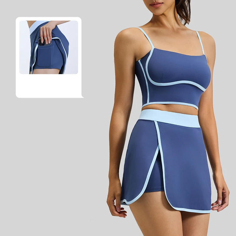 2026 Summer New Women Squat Proof 2 Piece Yoga Set with Hidden Pocket Color Block Stretchy Comfortable Versatile Workout Set