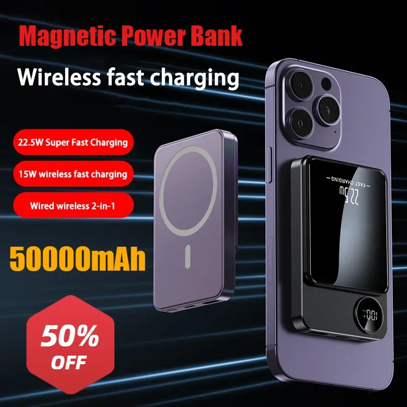 2025 Magnetic Power Bank 50000mAh Magsafe Portable Wireless Battery Charger Cases Type-C Fast Charging for iPhone Samsung Xiaomi