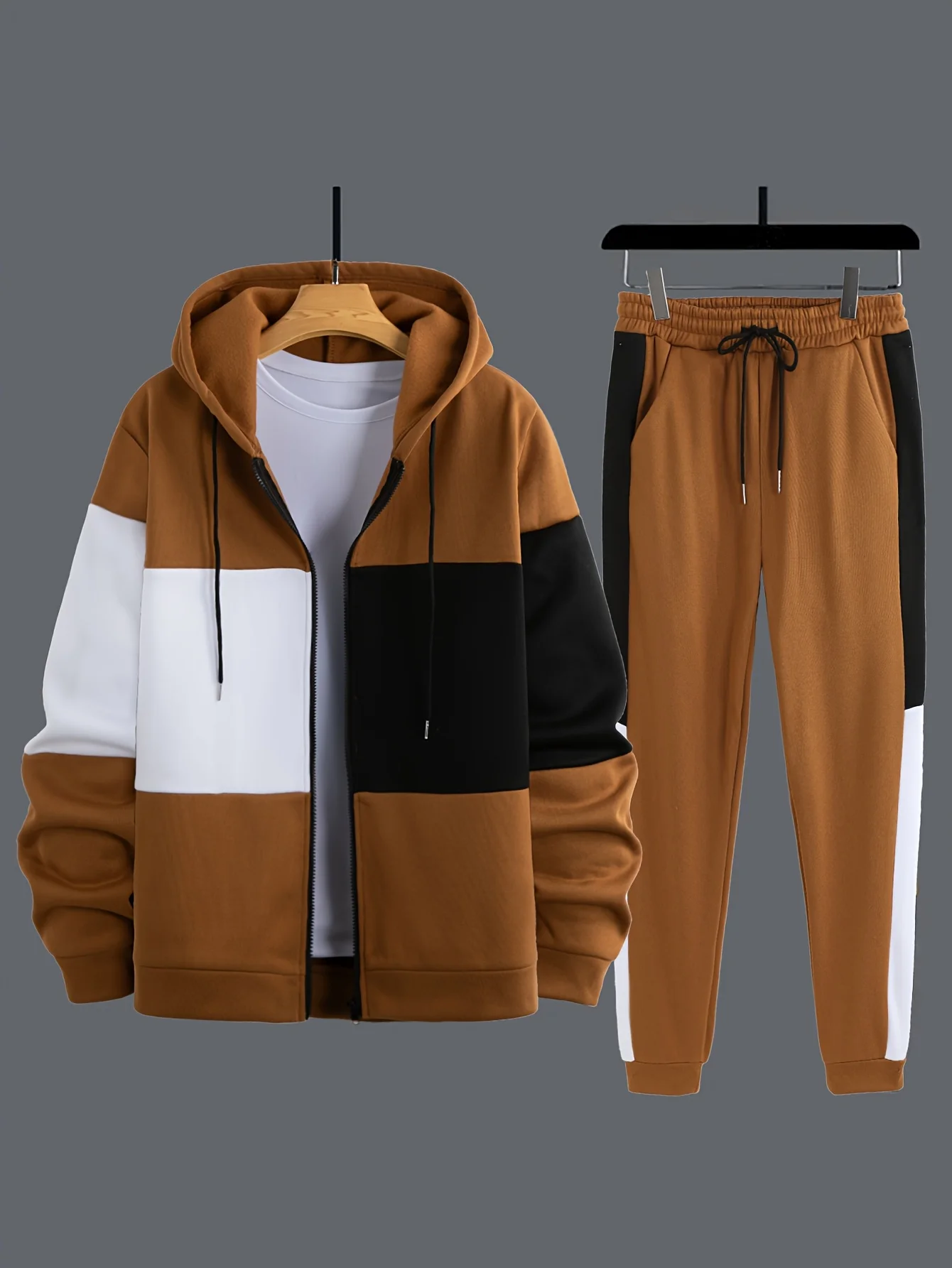 

Men's Fleece Hoodie Color Block Zipper Door Pull Corded Pants Winter Cold Weather Outfit Comfortable Breathable Streetwear