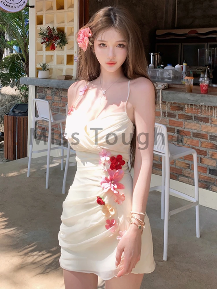 Elegant Chic Sexy One Piece Dress Y2k Women Vintage Casual Slim Mini Dress Female France Fashion Flower Clothing 2024 Summer New