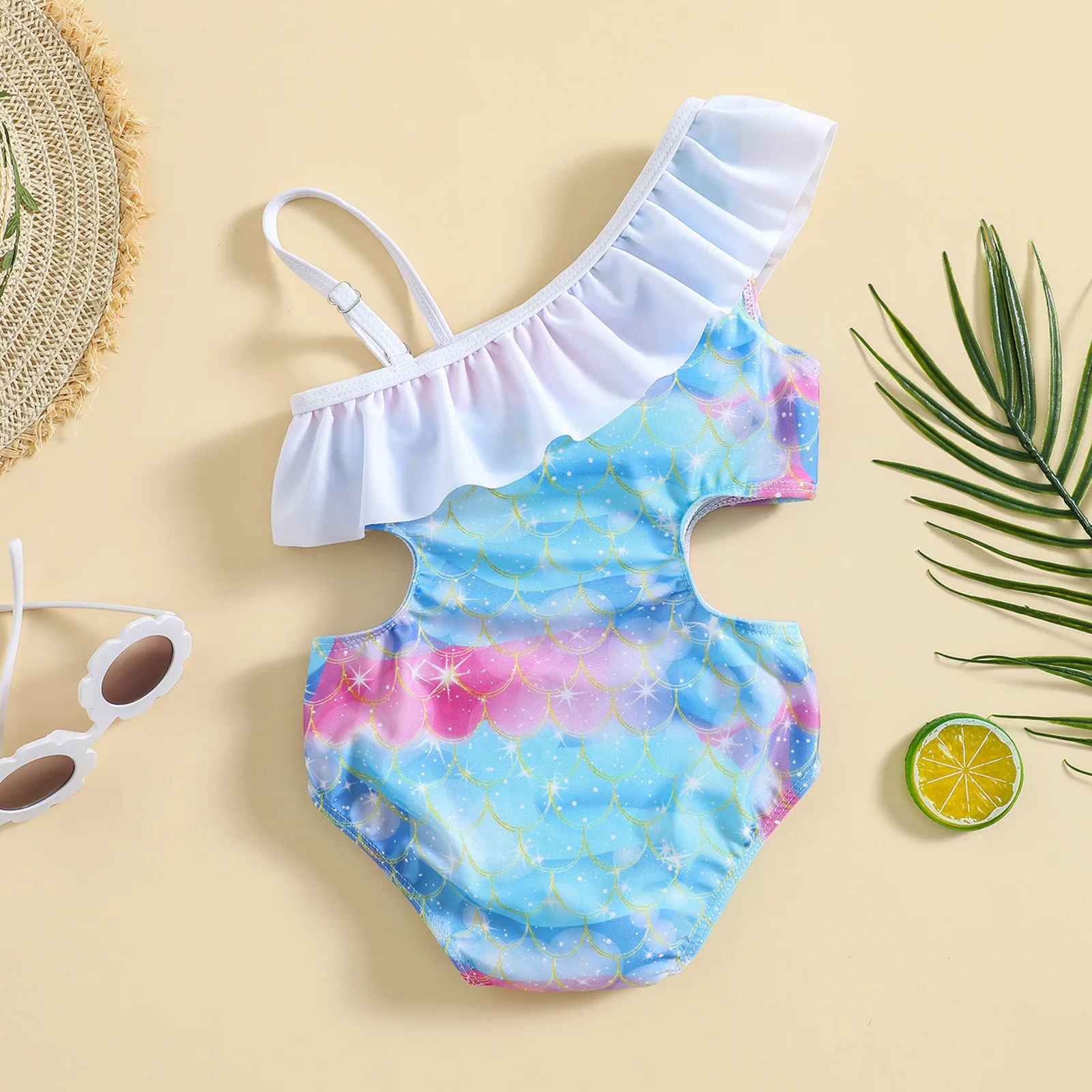 Summer Girls One-piece Swimsuit Baby Girl Cute Fish Scale Print One-shoulder Beachwear Toddler Casual Swimwear Bathing Costume