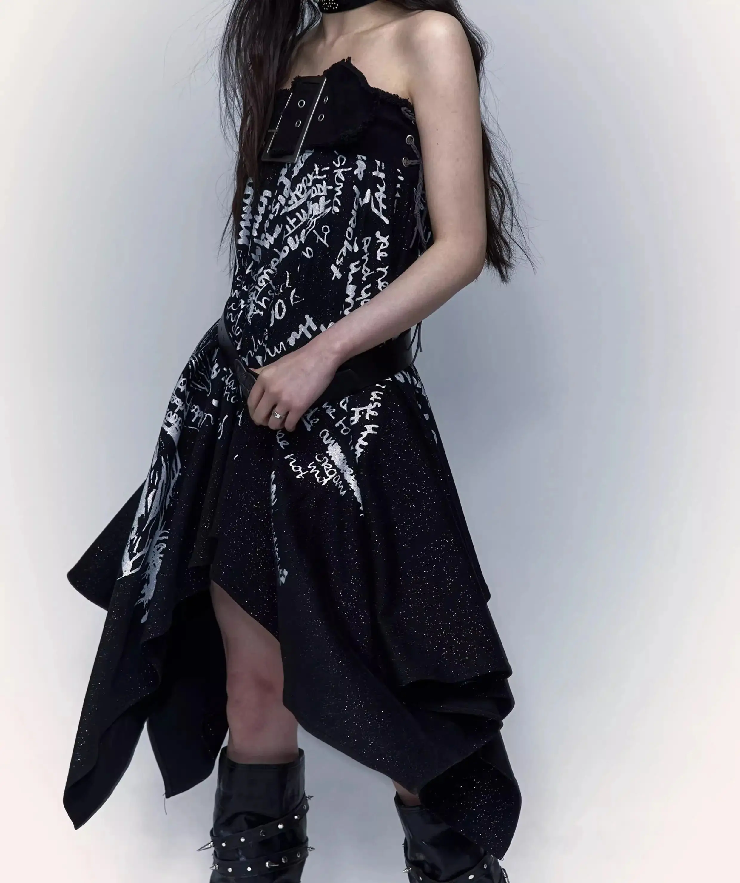 No Romance Original Goth Irregular Dress Two Ways Wearing Belt Vintage Printing Punk Streetwear Dark Tube Dress Autumn image 6