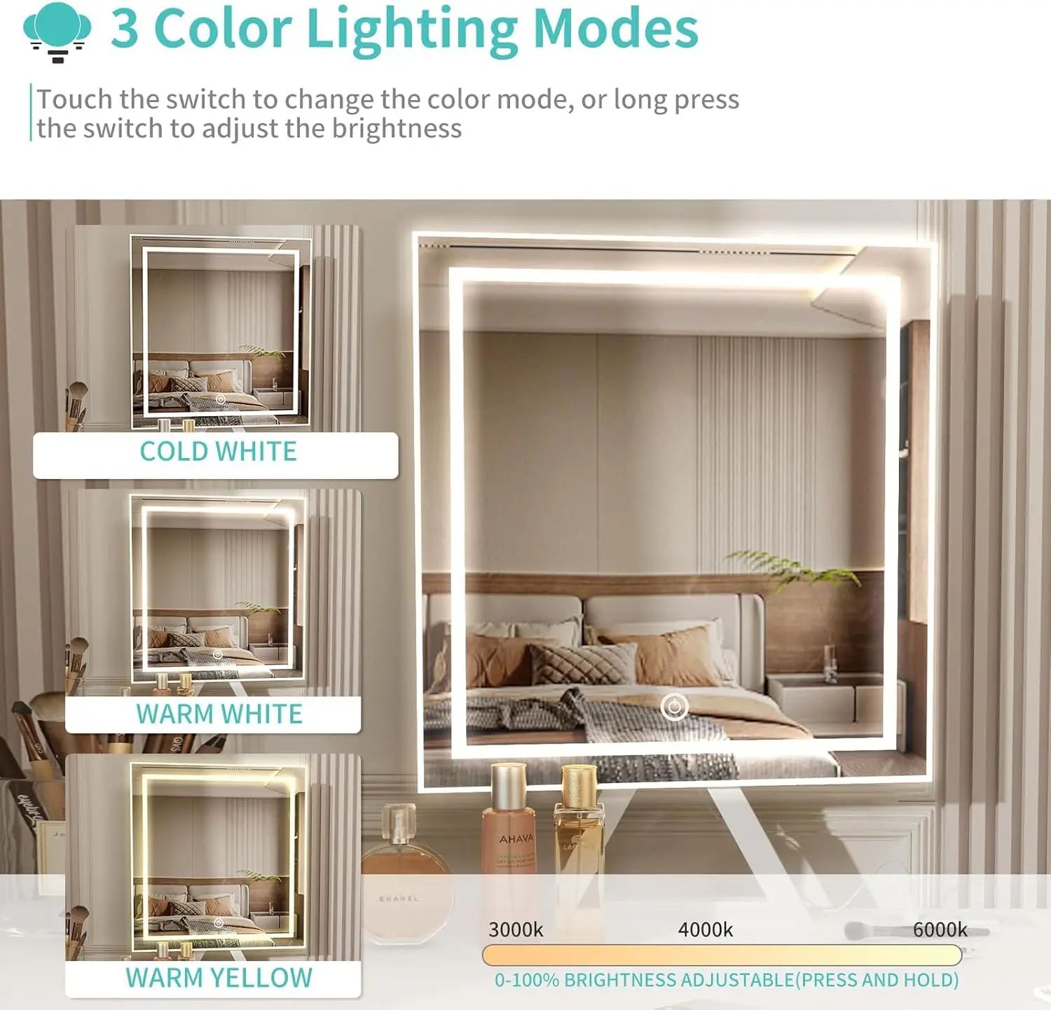 مكتب زينة أبيض مقاس 32 بوصة مع مرآة LED وأدراج قماشية ومخرج طاقة - مجموعة كراسي طاولة تزيين لغرفة نوم الفتيات #4